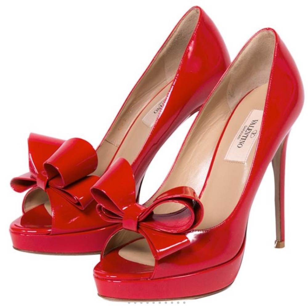 Valentino Red Patent Couture Bow Peep Toe Platform Pumps Size 39